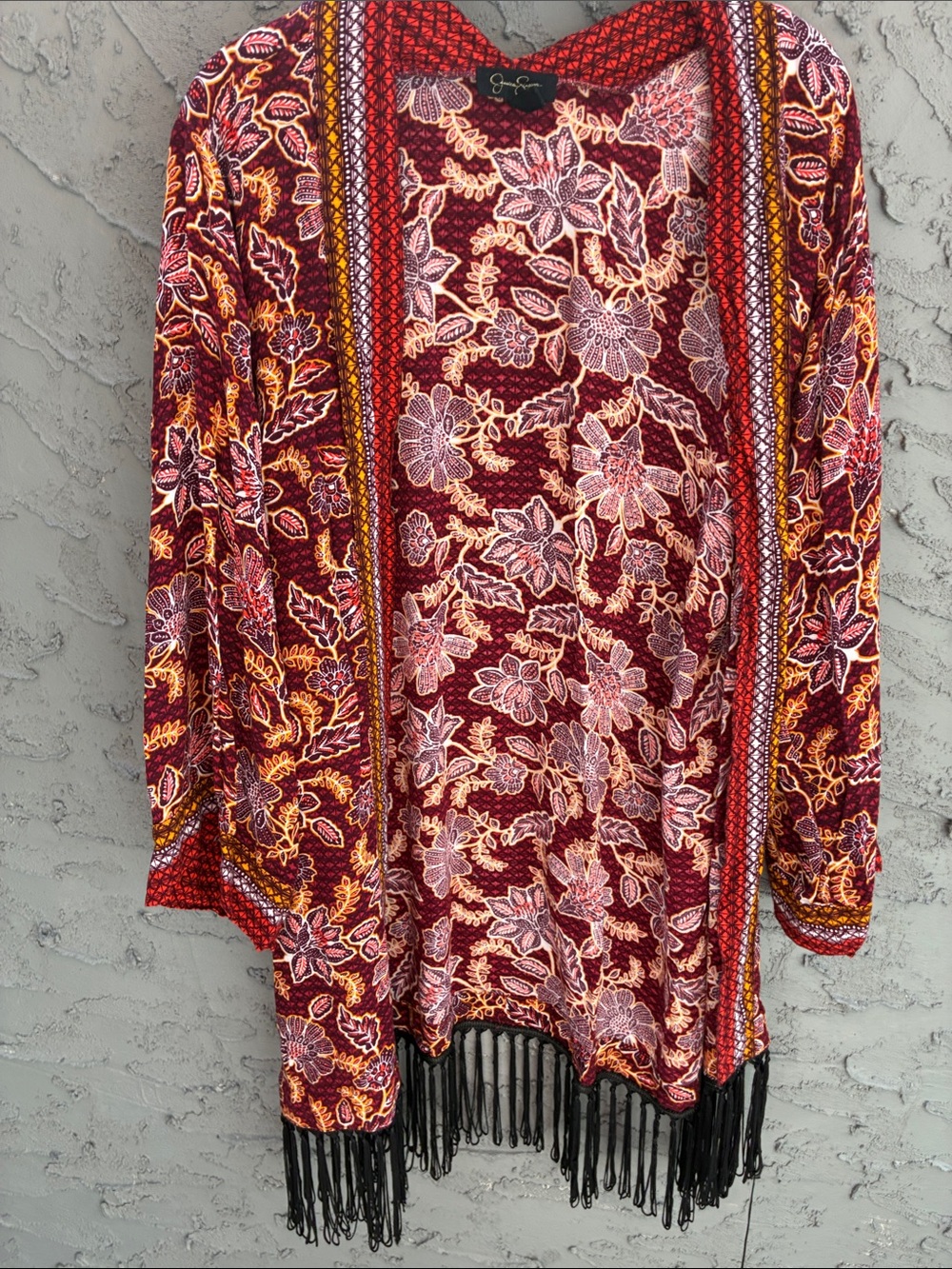 Hippie Jessica Simpson Burgundy Floral Fringe Open Cardigan Swim Cover Up Sz M